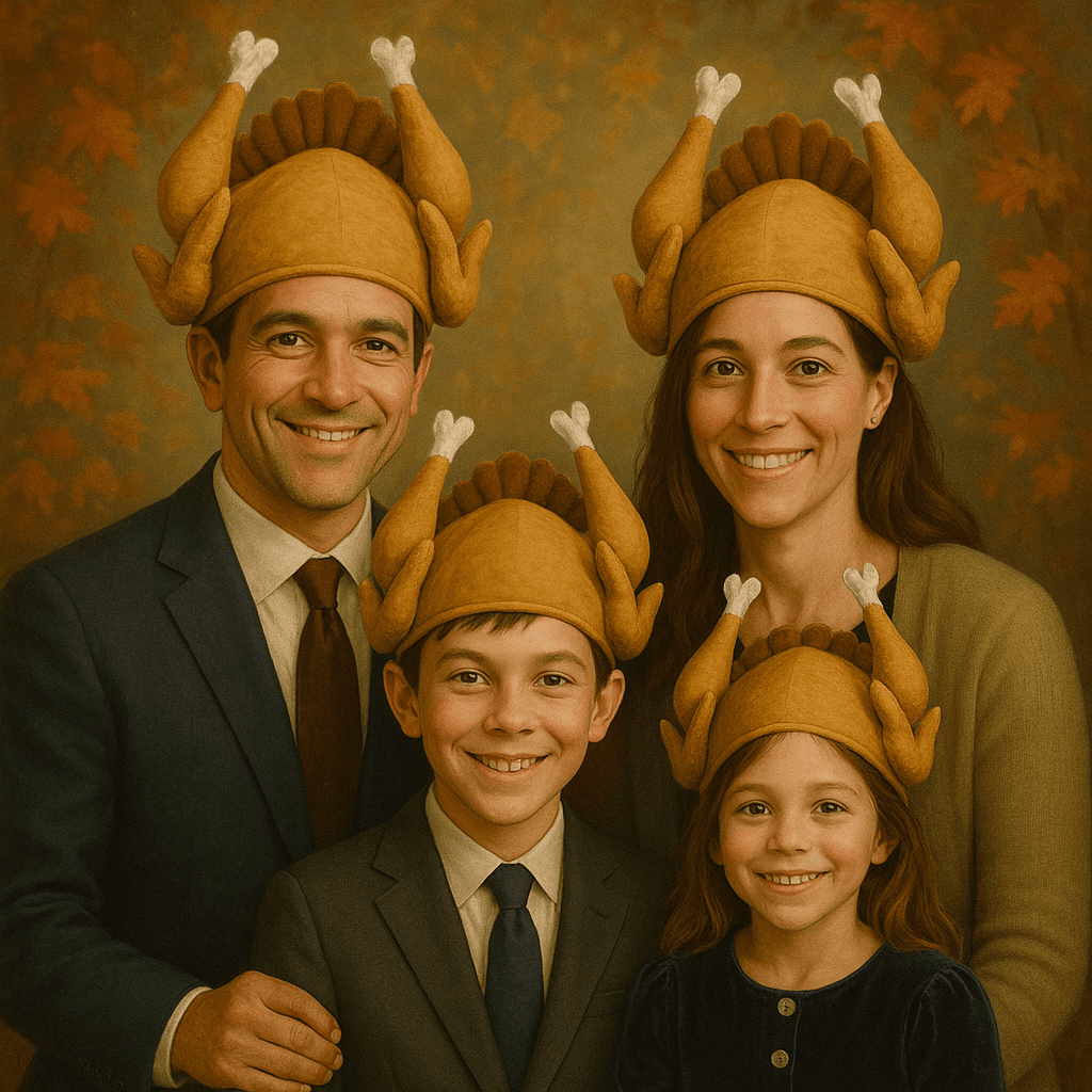 The same family painted on the Silly shelf, every head in a plush turkey hat