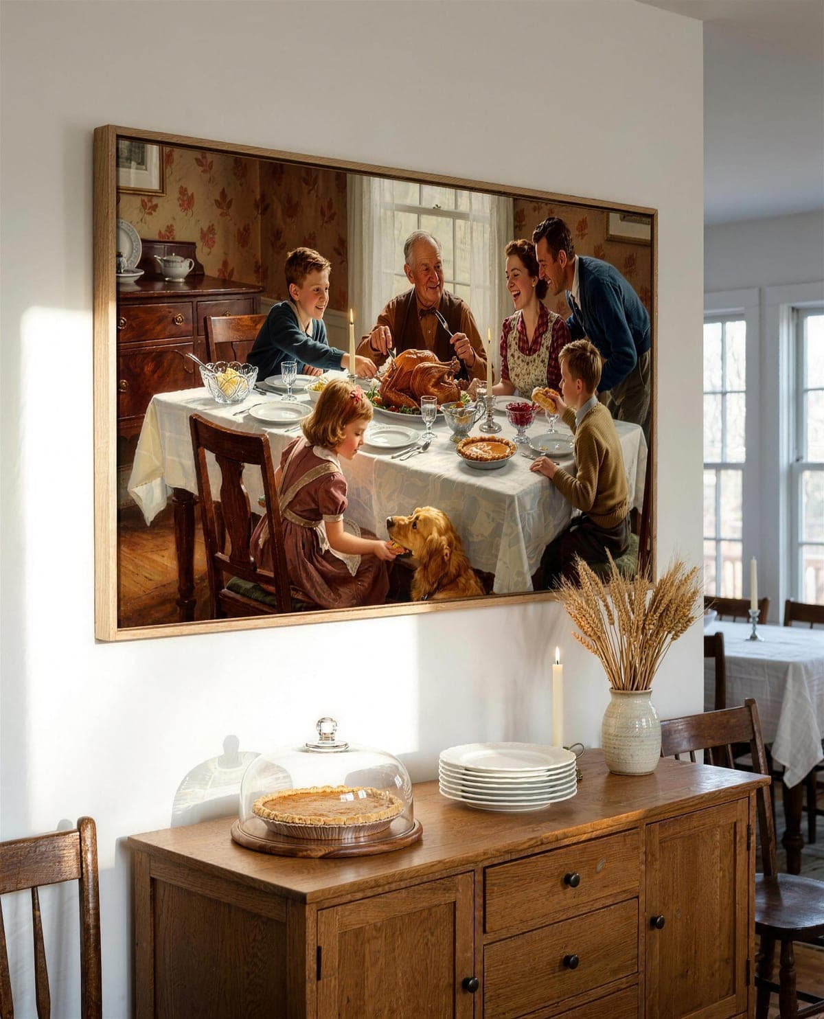 A painted family Thanksgiving portrait on a float-framed canvas above a dining-room sideboard