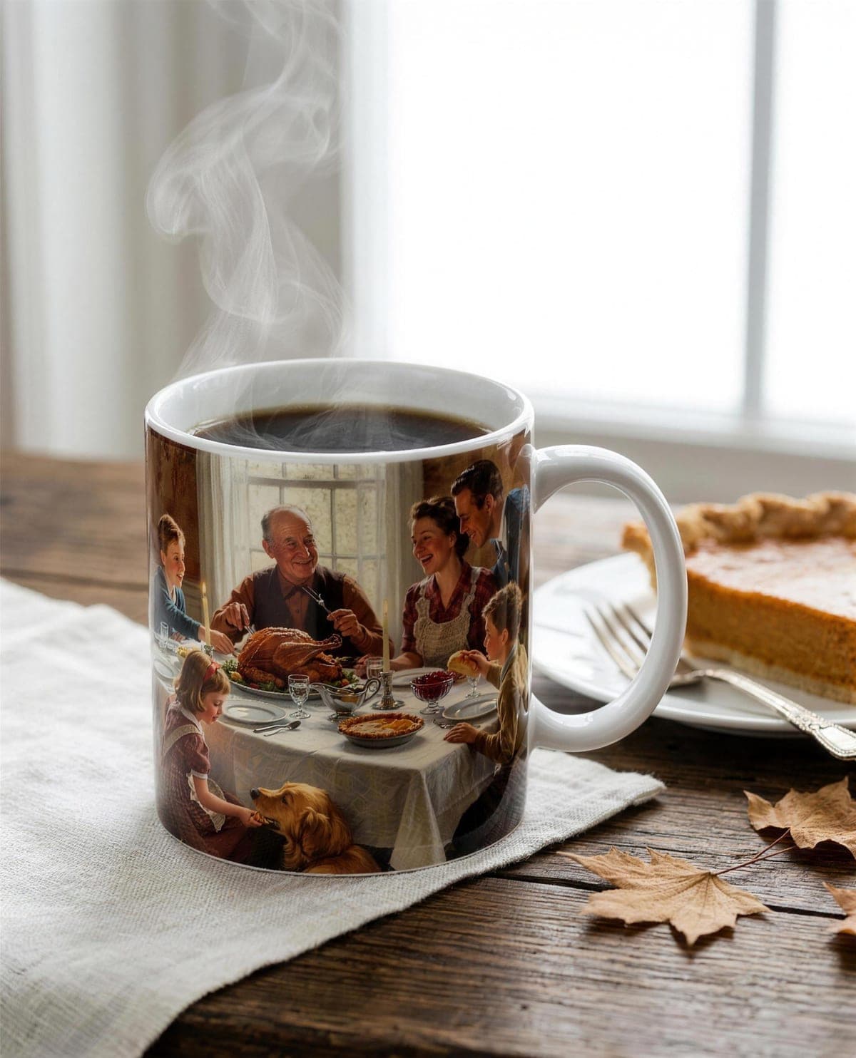 A ceramic mug printed with a painted family Thanksgiving portrait on a kitchen table beside a pie