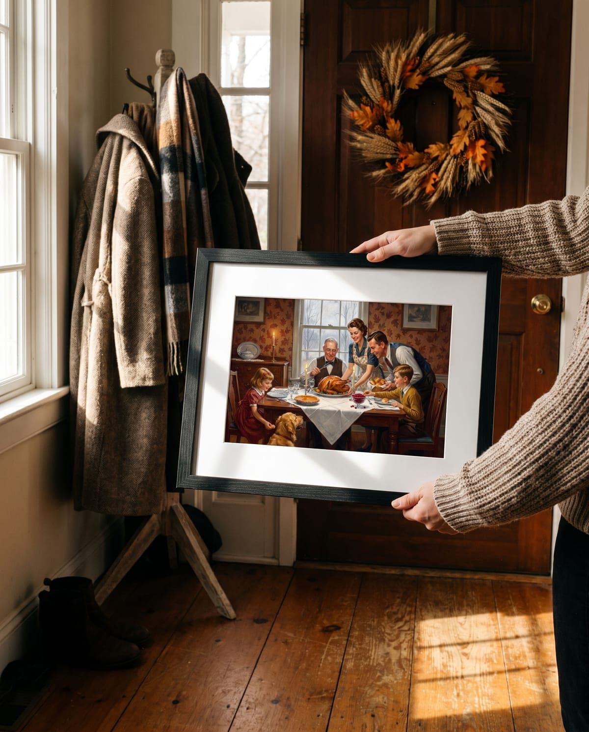 Two hands holding up a framed archival print of a painted family Thanksgiving portrait in a hallway
