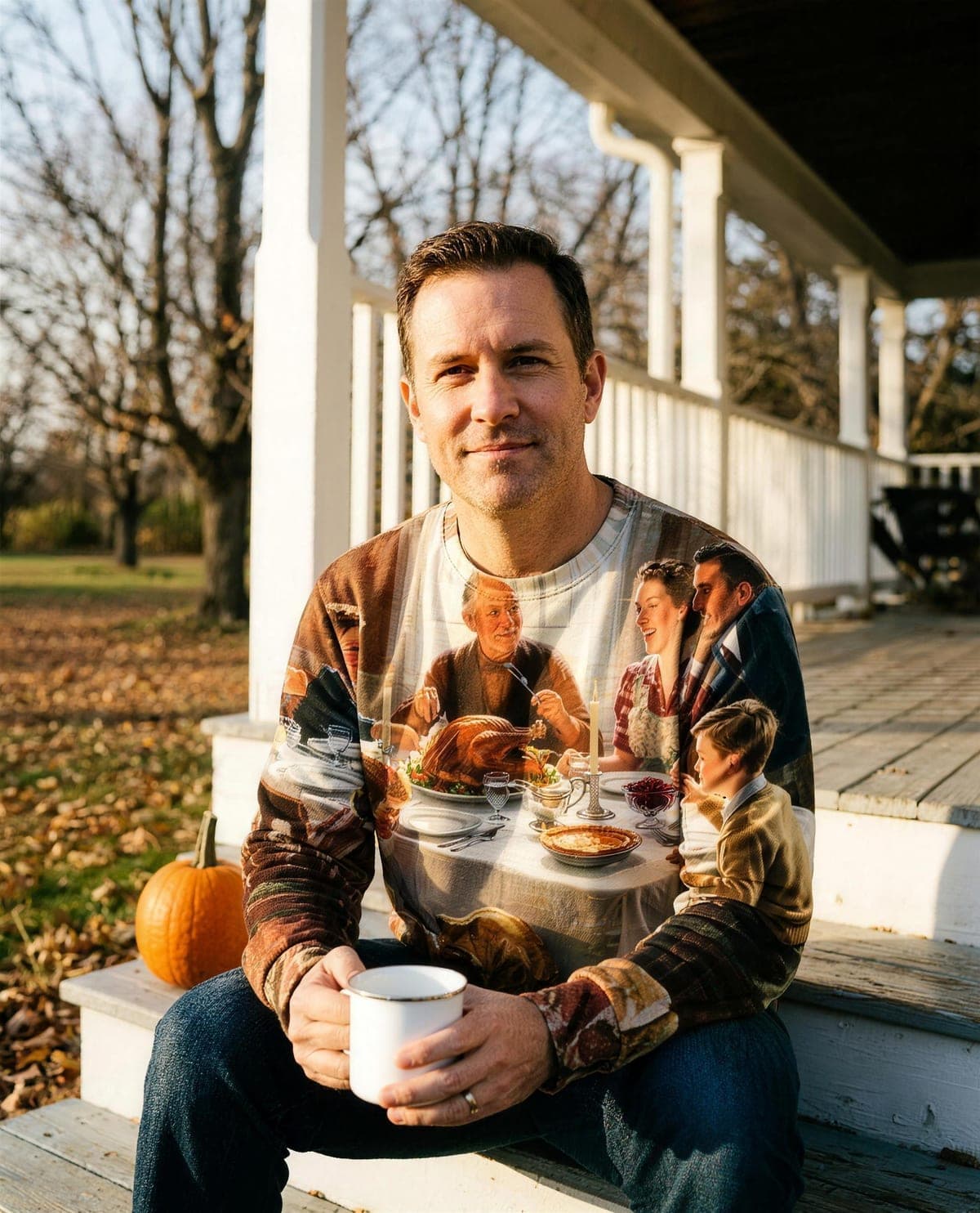 A man on a porch wearing a sweatshirt printed edge to edge with a painted family Thanksgiving portrait